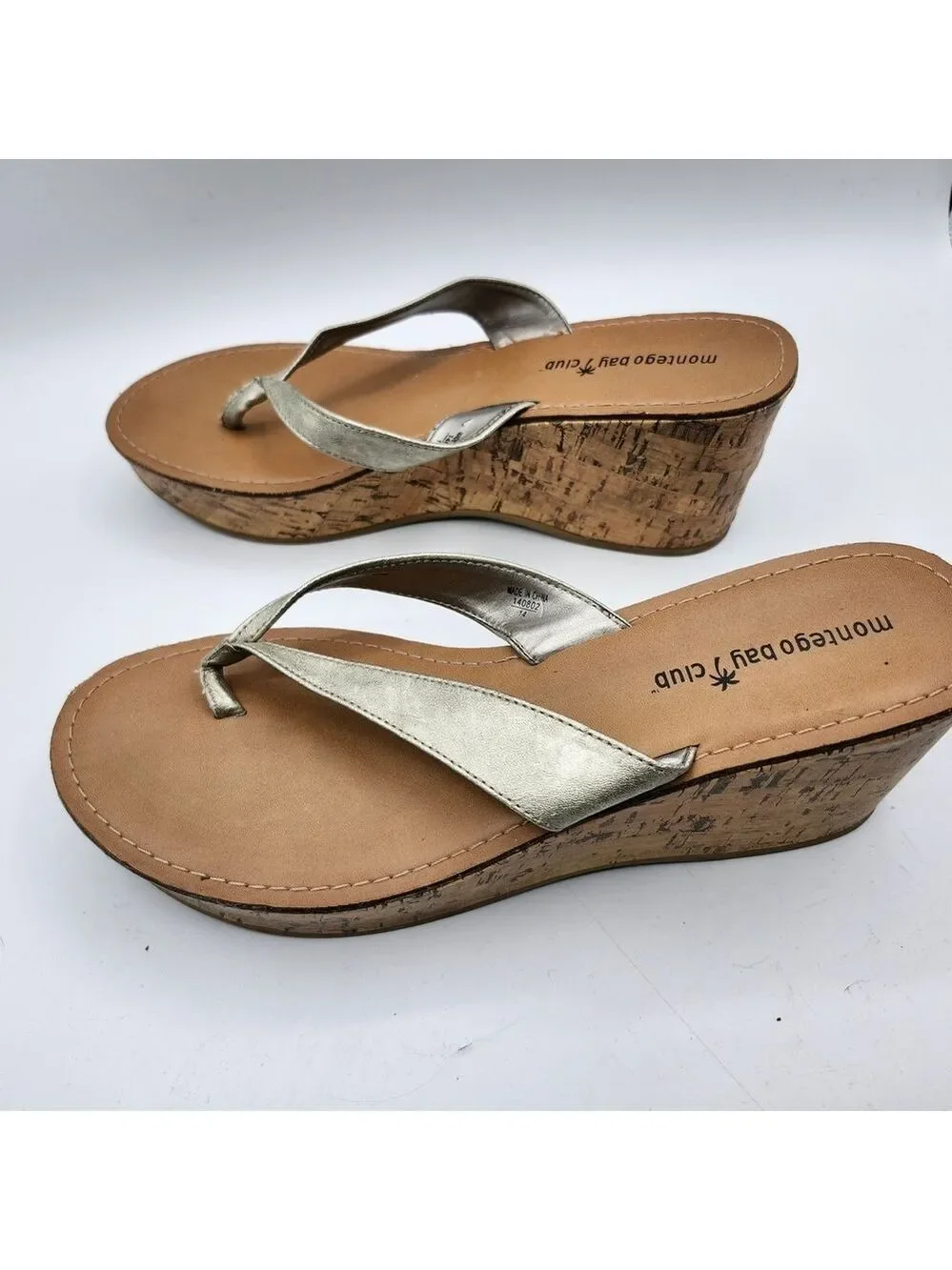 Montego Bay Club Metallic and Tan Cork Wedge Sandals Sz 9